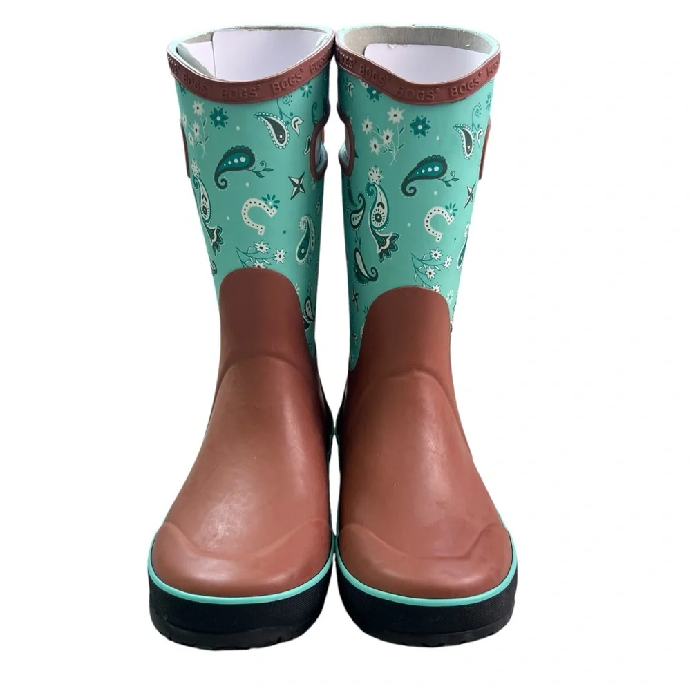Bogs NIB Turqouise Paisley Western Rainboots Size 5,6
